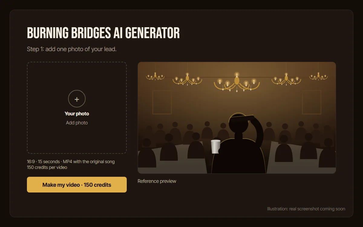 Generator with one photo slot and a Make my video button